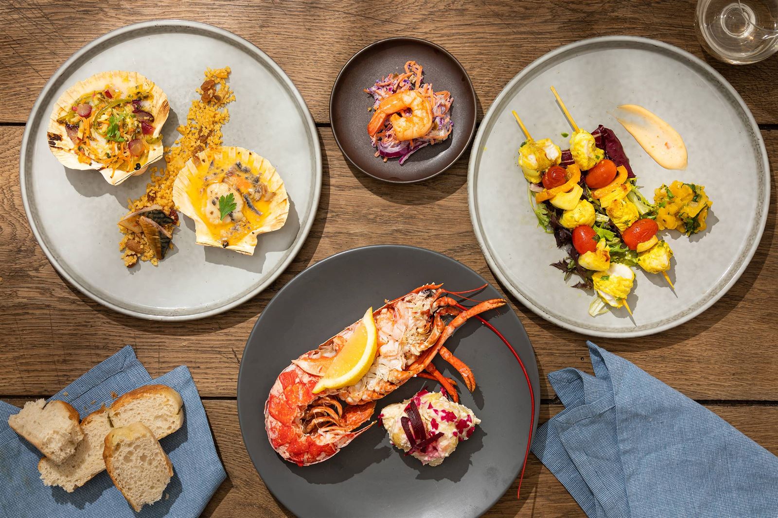 Seafood spread on a wooden table