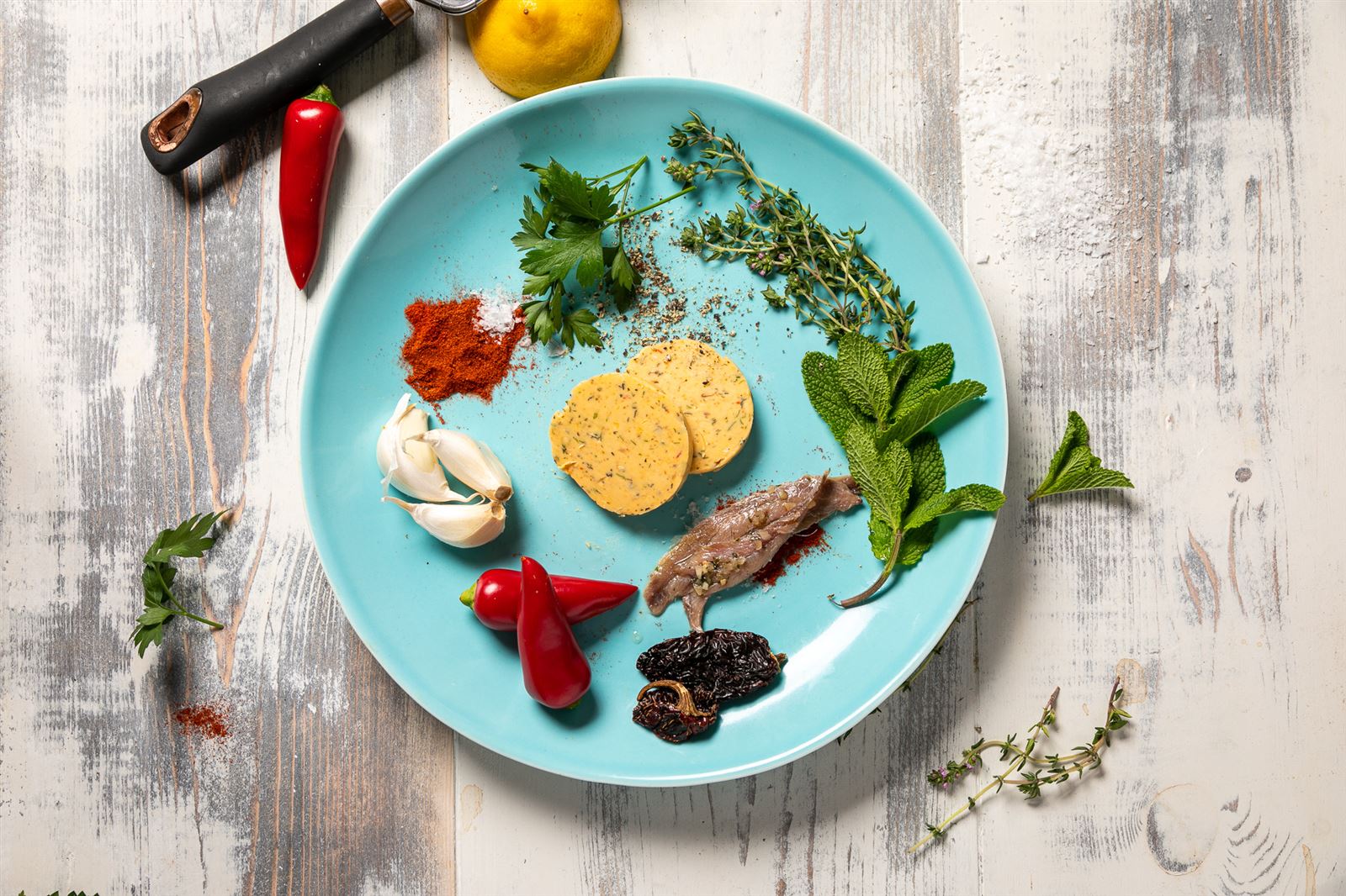 Fresh herbs, chilli and spices